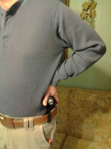 This is more where I have to carry with this holster, notice the “twist” in my shoulder