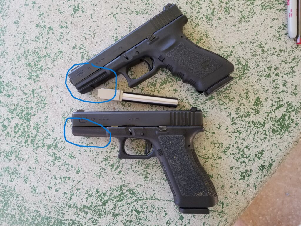 Glock pistols with and without an accessory rail